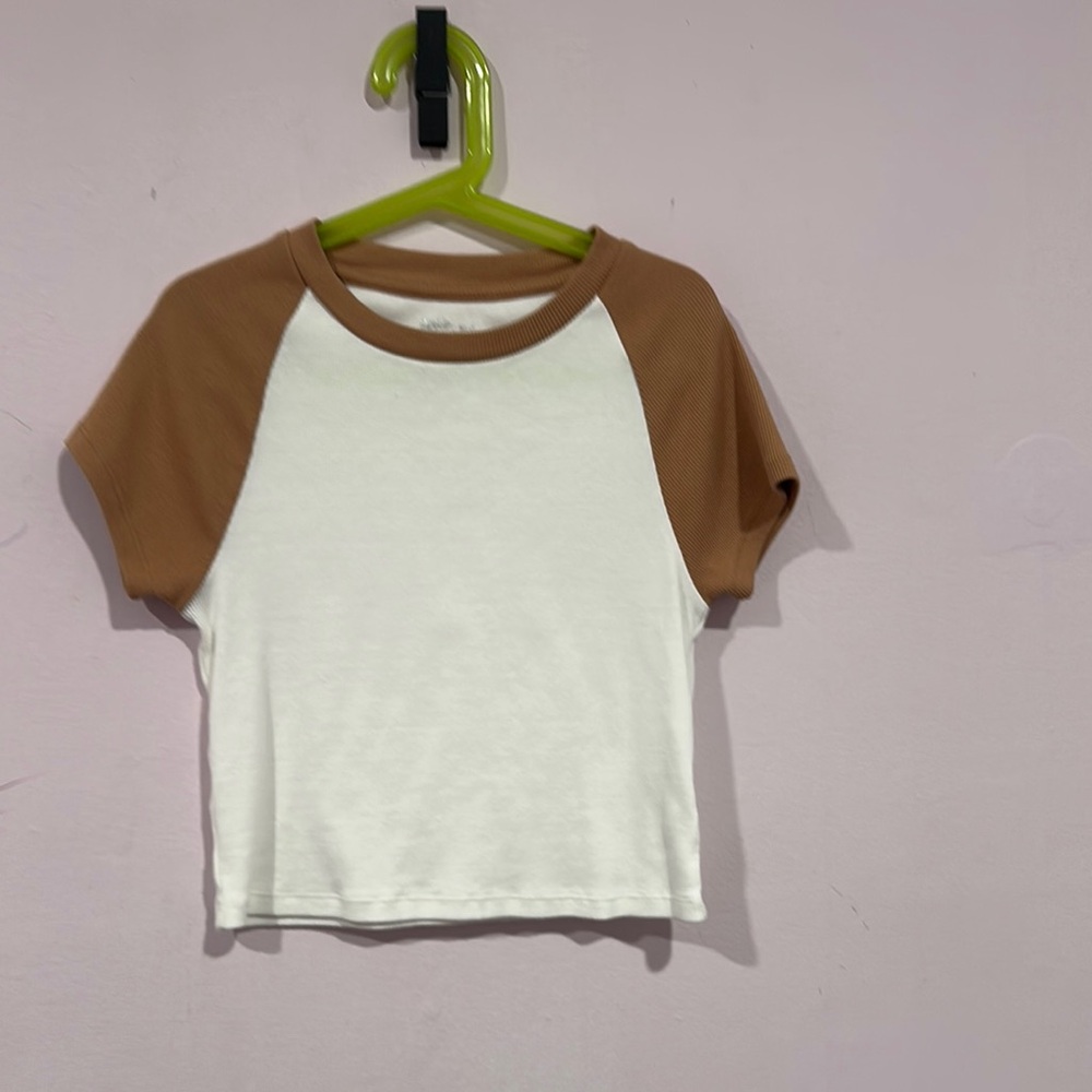 Aerie White and Brown Raglan Short Sleeve Tee